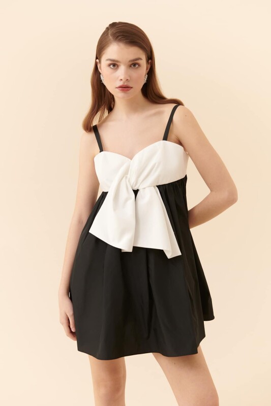 Askılı Mini Boy Elbise Siyah-Beyaz - 3