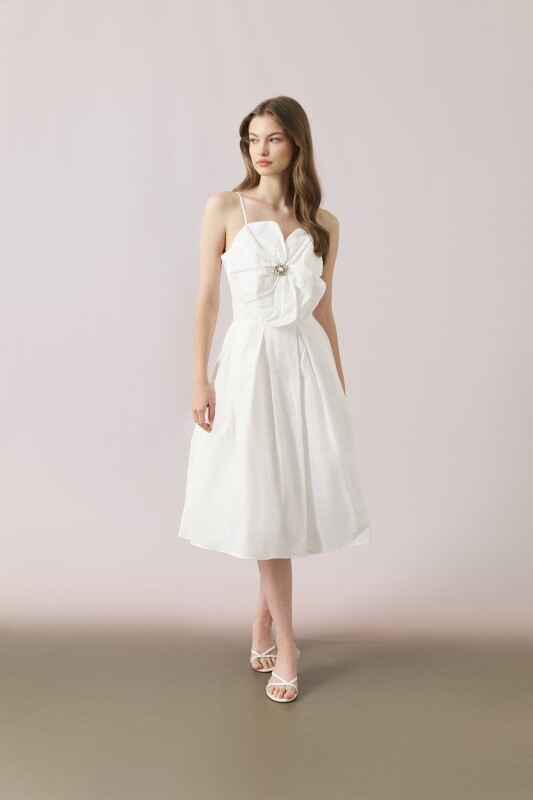 Askılı Midi Boy Elbise Beyaz - 3