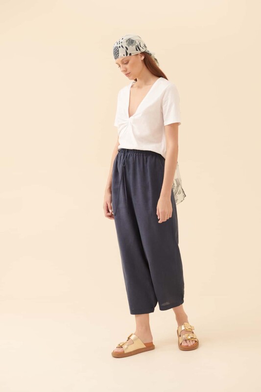 Beli Bağlamalı Kısa Paça Pantolon Lacivert - 4