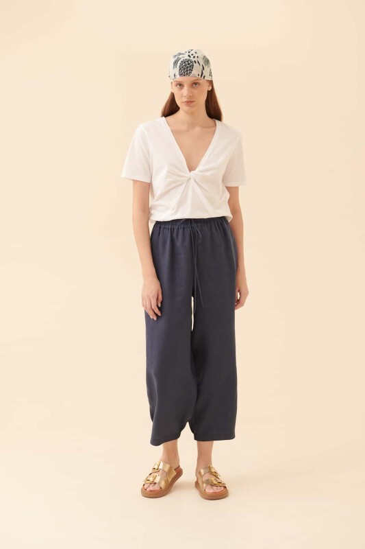 Beli Bağlamalı Kısa Paça Pantolon Lacivert - 1