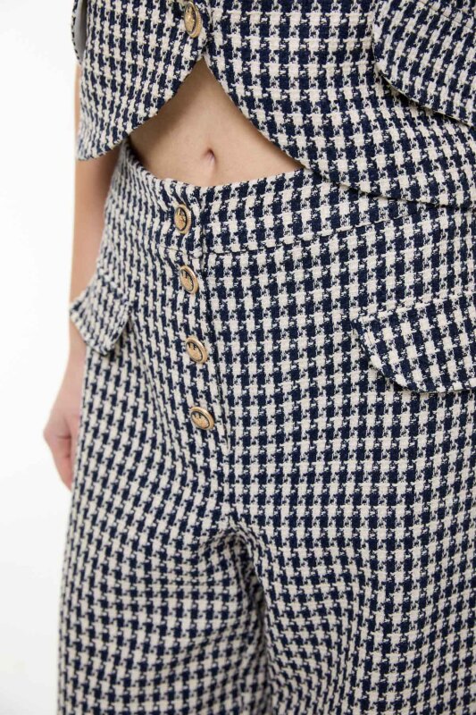 Kazayağı Desenli Geniş Paça Pantolon Lacivert - Beyaz - 3