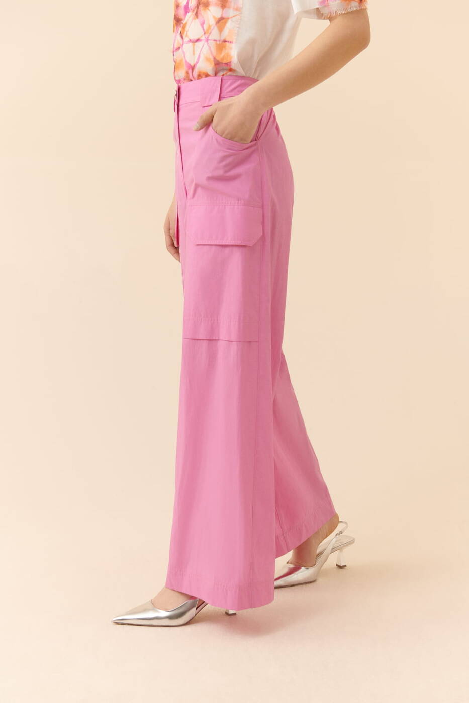 Yanları Cepli Geniş Paça Pantolon Pembe - 3