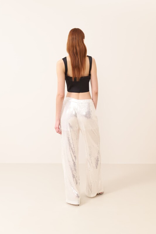 Payetli Geniş Paça Pantolon Beyaz - Roman (1)