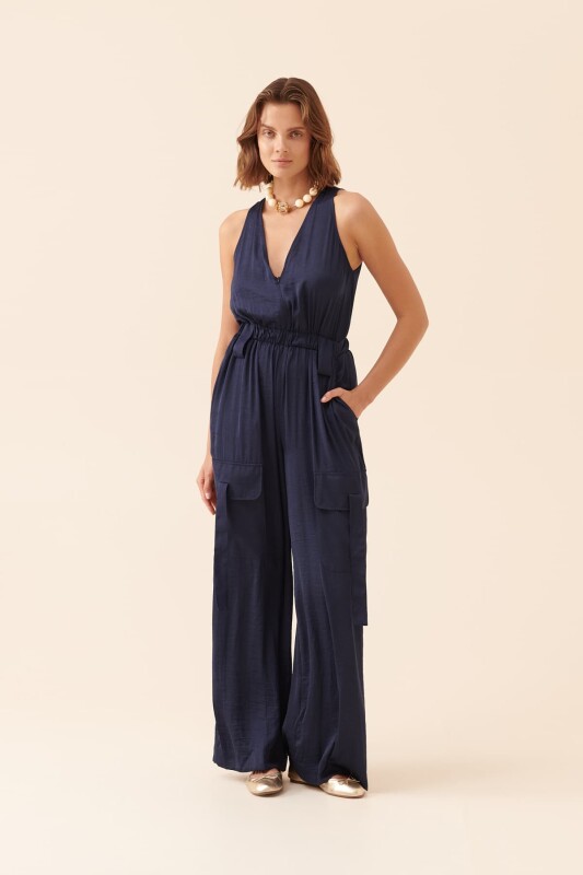 Yanları Cepli Askılı Tulum Lacivert - 3