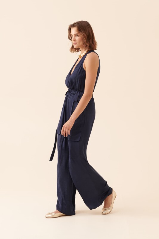 Yanları Cepli Askılı Tulum Lacivert - 4