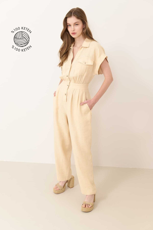 Cepli Kısa Kol Tulum Naturel - Roman