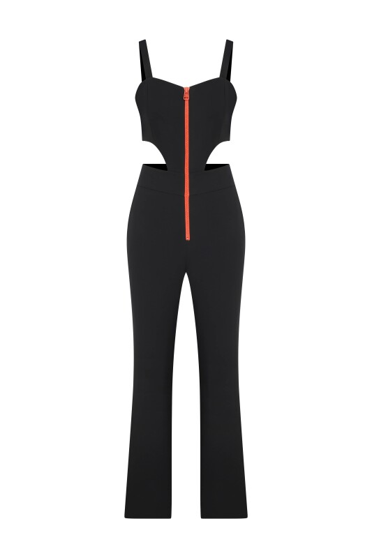 Fermuar Detaylı Askılı Tulum Siyah - 4