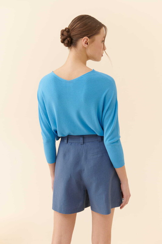 Keten Pileli Şort İndigo - Roman (1)