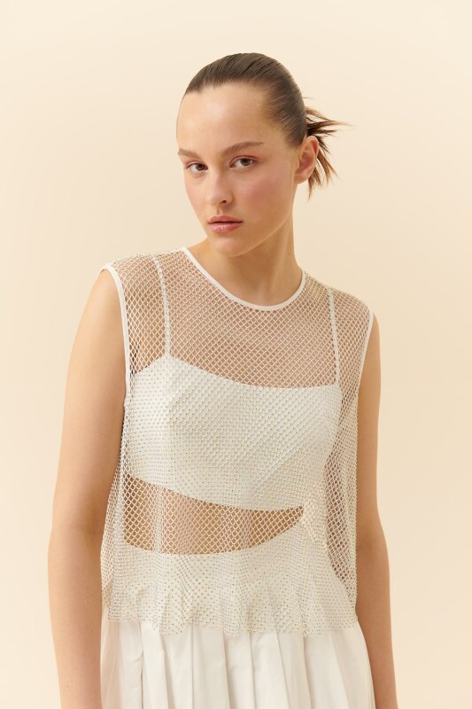 Fileli Askılı Bluz Beyaz - 3