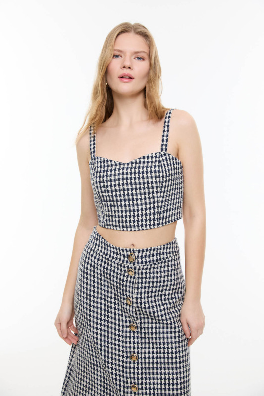 Kazayağı Desenli Askılı Büstiyer Lacivert - Beyaz - Roman