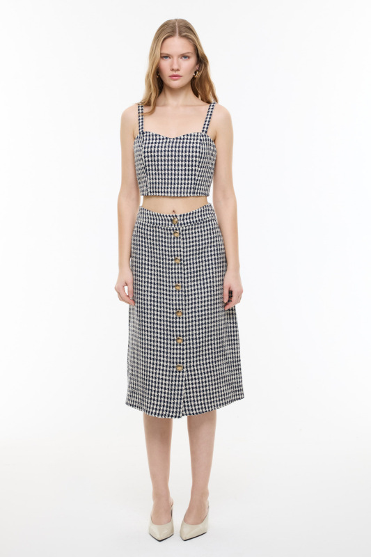 Kazayağı Desenli Midi Boy Etek Lacivert - Beyaz - Roman