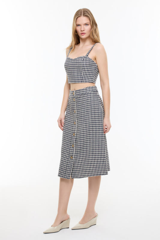 Kazayağı Desenli Midi Boy Etek Lacivert - Beyaz - 3