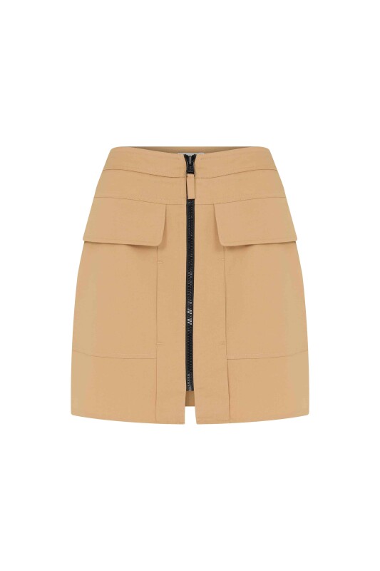 Fermuar Detaylı Cepli Mini Etek Kahve - 4