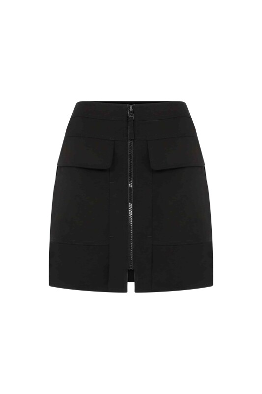 Fermuar Detaylı Cepli Mini Etek Siyah - 4