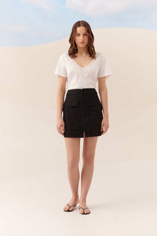 Fermuar Detaylı Cepli Mini Etek Siyah - 3