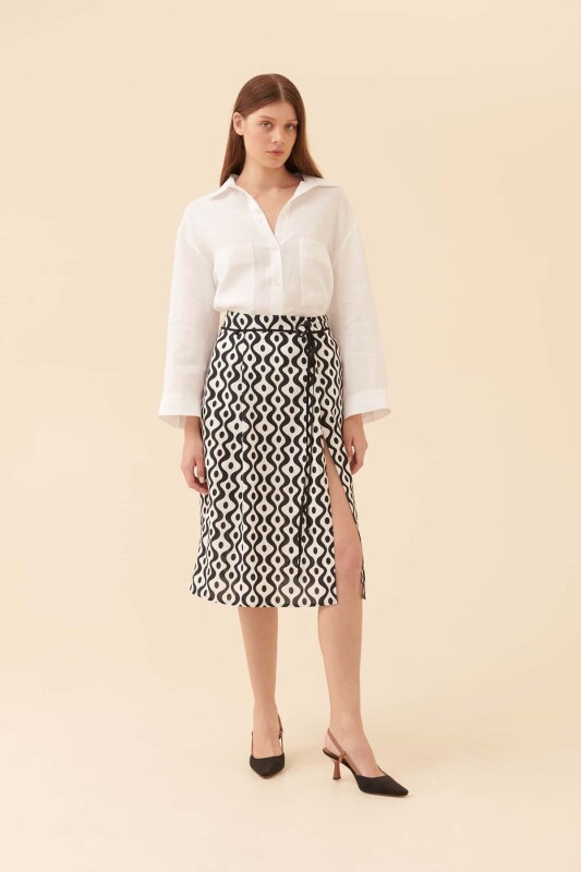 Yırtmaçlı Midi Boy Etek Siyah-Beyaz - 5