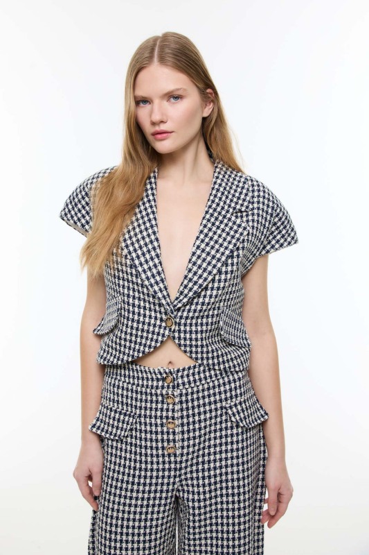 Kazayağı Desenli Tek Düğmeli Ceket Lacivert - Beyaz - Roman