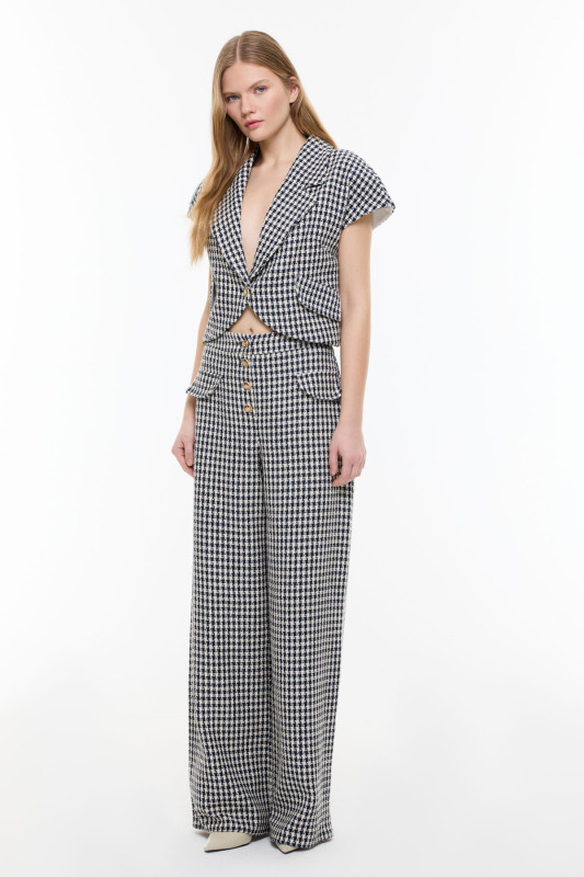 Kazayağı Desenli Tek Düğmeli Ceket Lacivert - Beyaz - 3