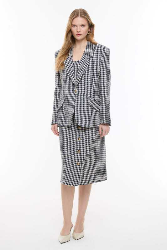 Kazayağı Desenli Kruvaze Ceket Lacivert - Beyaz - 4