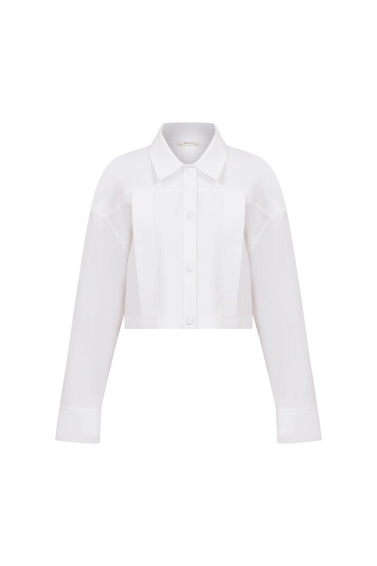 Düğmeli Crop Mont Beyaz - 4