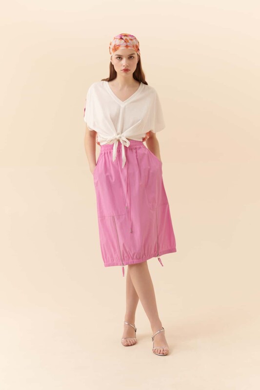 V Yaka Beli Bağlamalı T-Shirt Ekru - 4