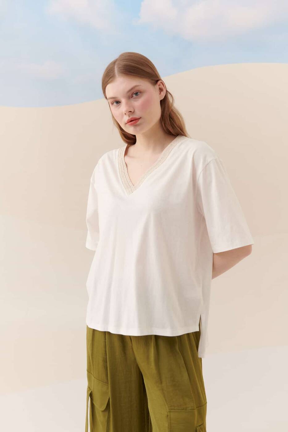 V Yaka T-Shirt Ekru - 1