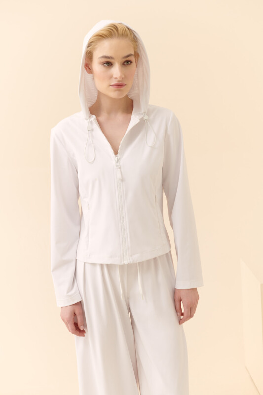 Fermuarlı Kapüşonlu Swatshirt Beyaz - 3