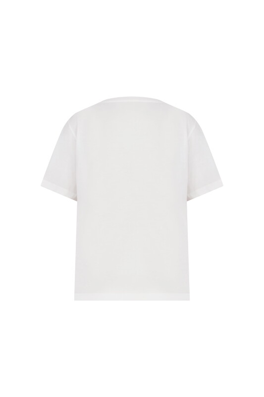 V Yaka Baskılı T-Shirt Beyaz - 5