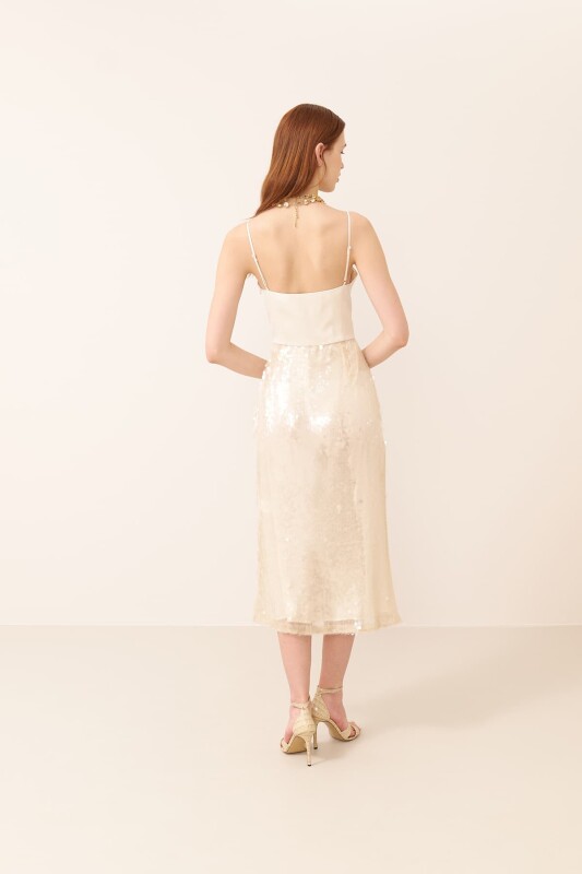 Payetli Midi Boy Elbise Bej - 2