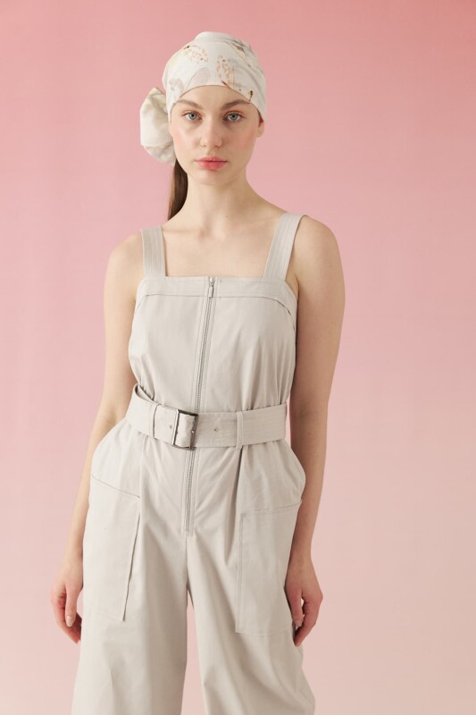 Önden Fermuarlı Kemerli Kalın Askılı Tulum Taş - Roman (1)