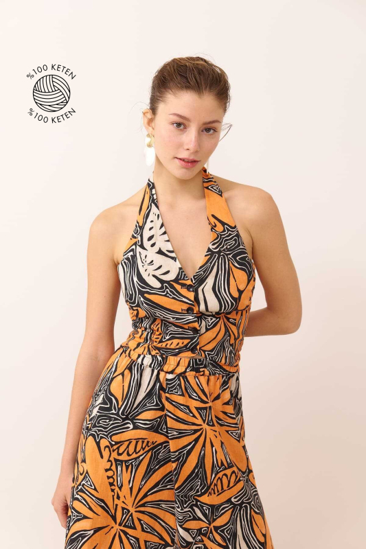 Boyundan Askılı Önden Düğmeli Keten Yelek Standart Renk - Roman