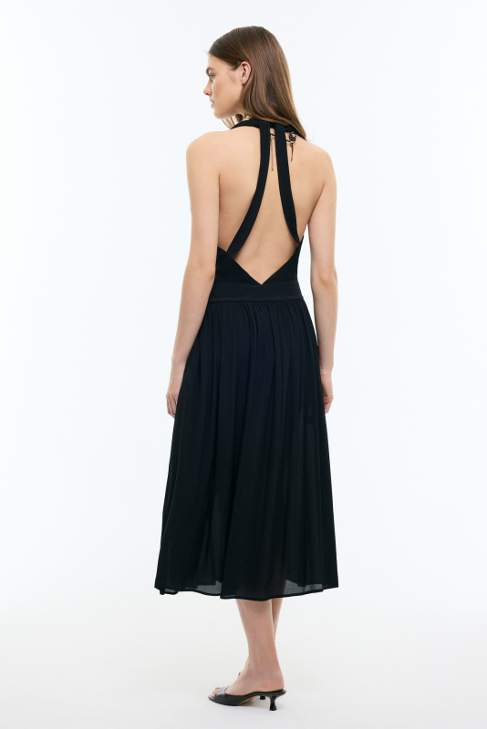 Boyundan Geçmeli Sırt Dekolteli Kruvaze Midi Boy Elbise Siyah - Roman (1)