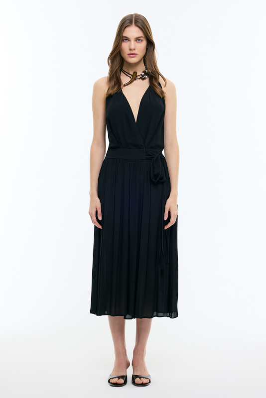 Boyundan Geçmeli Sırt Dekolteli Kruvaze Midi Boy Elbise Siyah - Roman