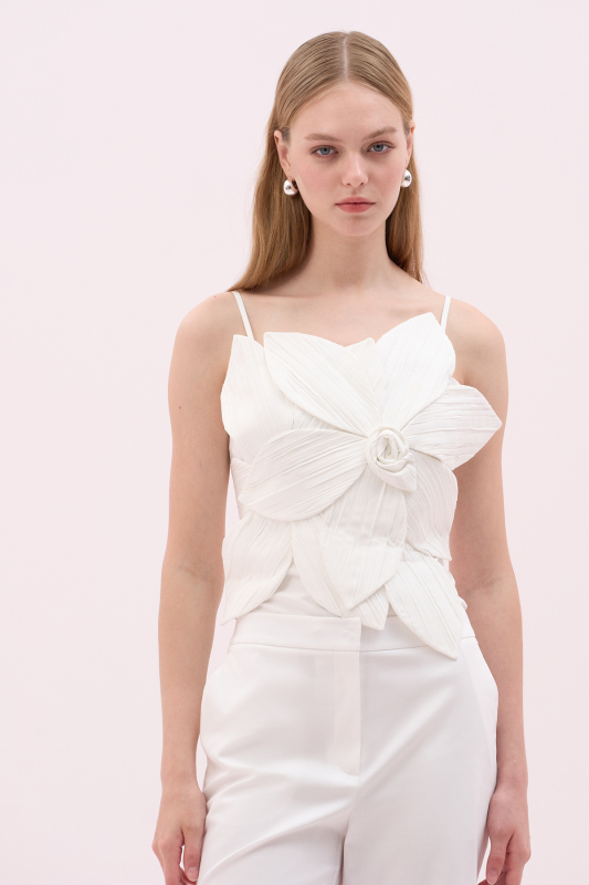 Askılı Çiçek Motifli Tafta Büstiyer Beyaz - 1