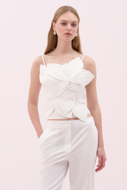 Askılı Çiçek Motifli Tafta Büstiyer Beyaz - 4