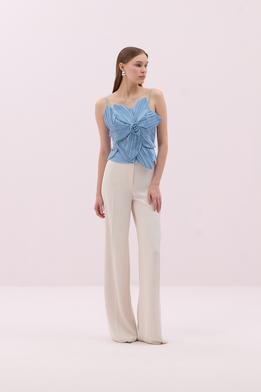 Askılı Çiçek Motifli Tafta Büstiyer Mavi - 3