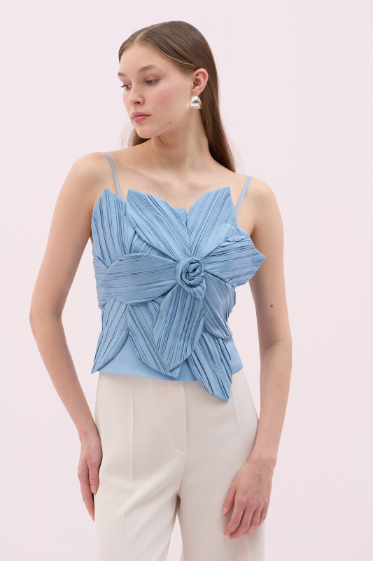 Askılı Çiçek Motifli Tafta Büstiyer Mavi 