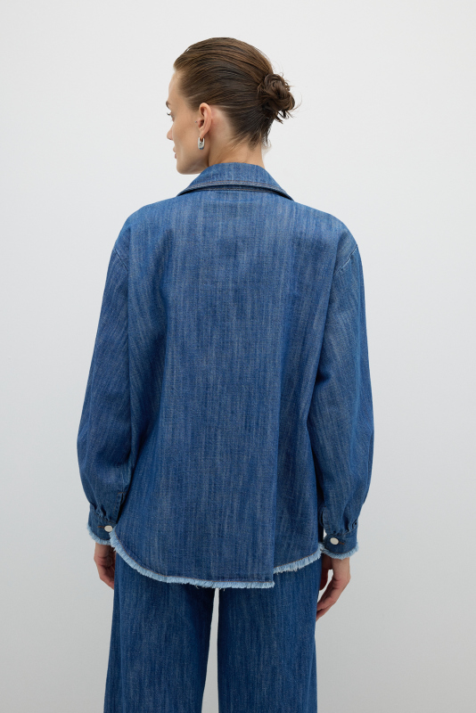 Tek Cepli Düğmeli Denim Gömlek İndigo - 2