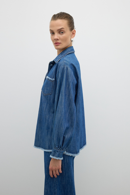 Tek Cepli Düğmeli Denim Gömlek İndigo - 4