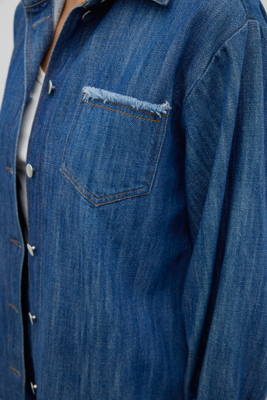 Tek Cepli Düğmeli Denim Gömlek İndigo - 5