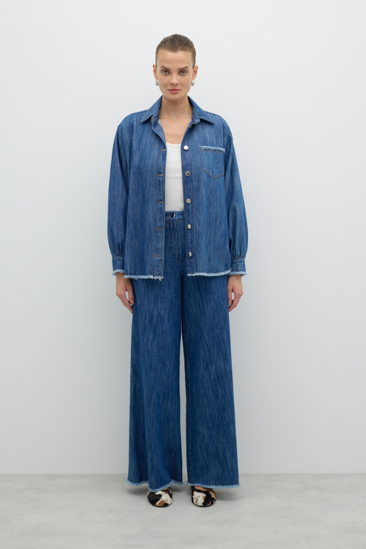 Tek Cepli Düğmeli Denim Gömlek İndigo - 1