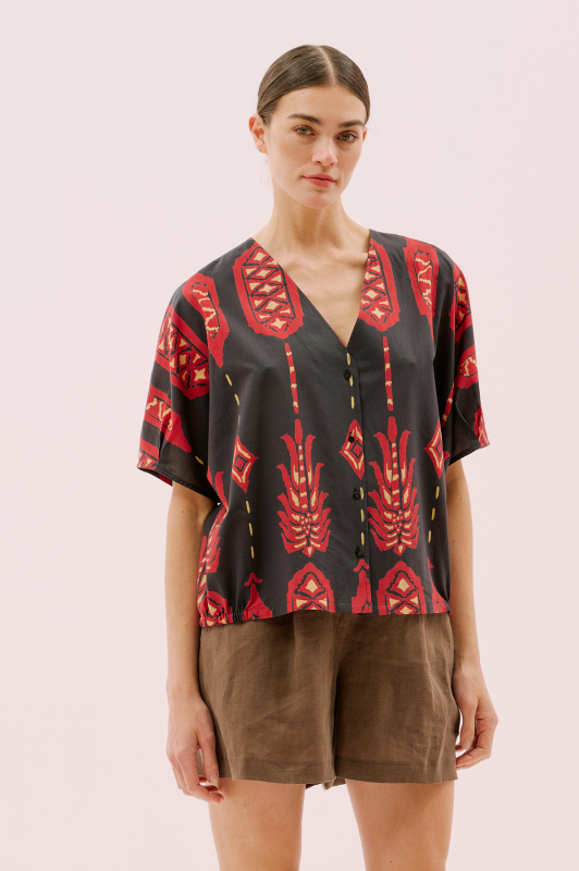 V Yaka Düğmeli Gömlek Standart Renk - 1