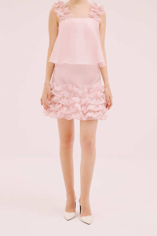 Organze Mini Elbise Pembe - Roman