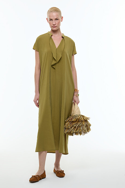 Yaka Detaylı Düşük Omuz Midi Elbise Olive - Roman