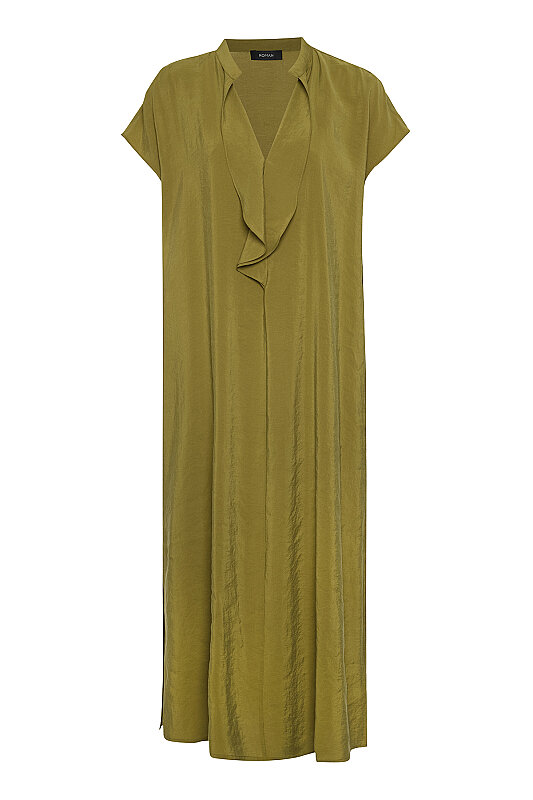 Yaka Detaylı Düşük Omuz Midi Elbise Olive - 5