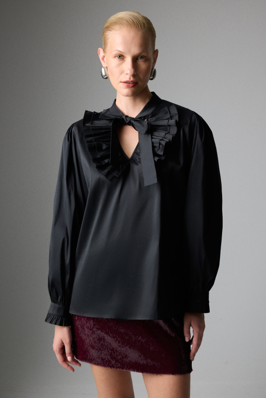 Yakası Bağlamalı Gömlek Siyah - 1