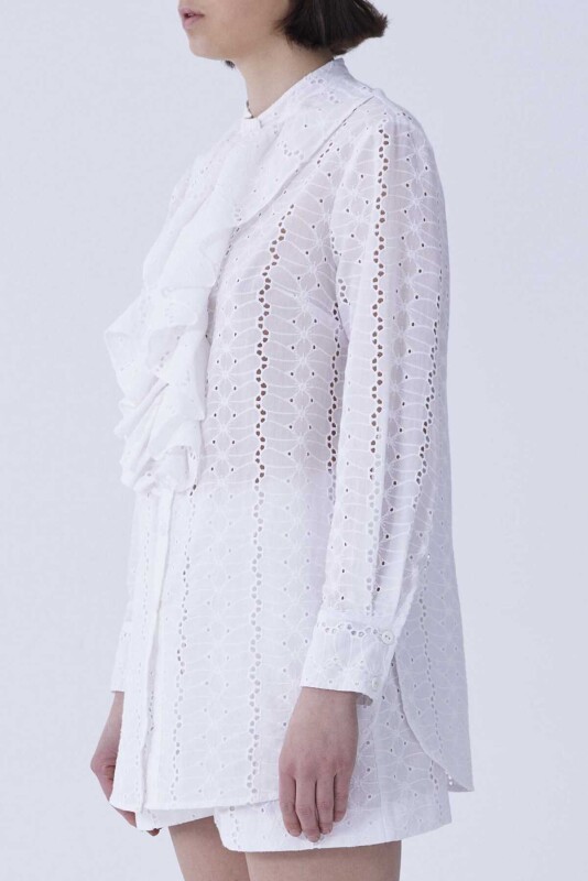 Yakası Fırfırlı Dantel Kadın Kadın Gömlek Beyaz - 3