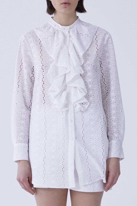 Yakası Fırfırlı Dantel Kadın Kadın Gömlek Beyaz - 1