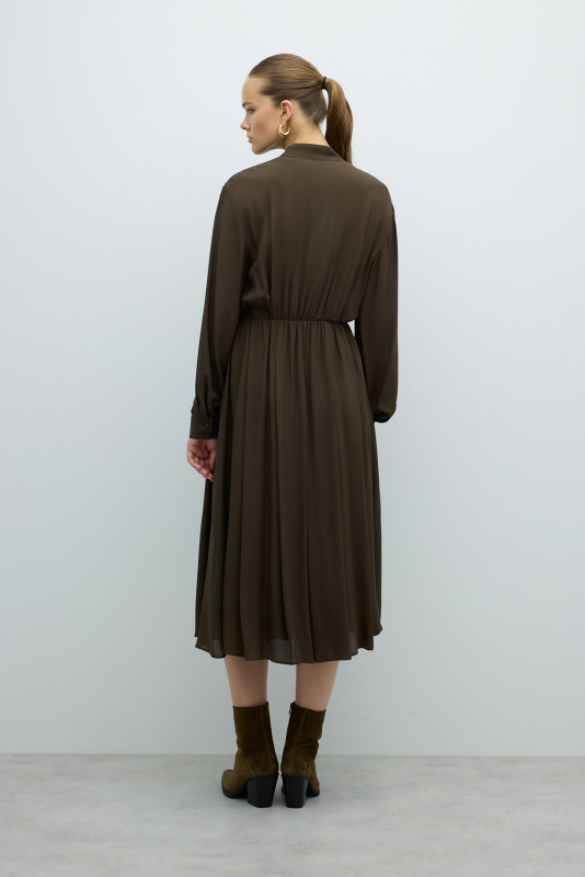 Yakası Fular Detaylı Beli Lastikli Elbise Haki - 2