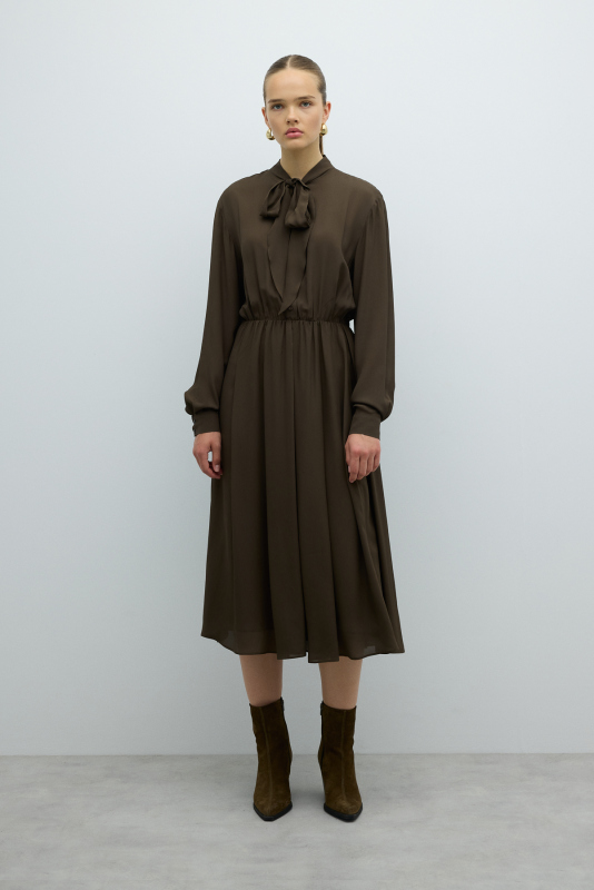 Yakası Fular Detaylı Beli Lastikli Elbise Haki - 3